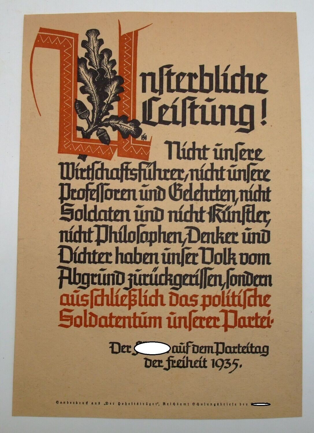 NSDAP: Wochenspruch Plakat "Unsterbliche Leistung ...", Adolf H., Größe DIN A4.