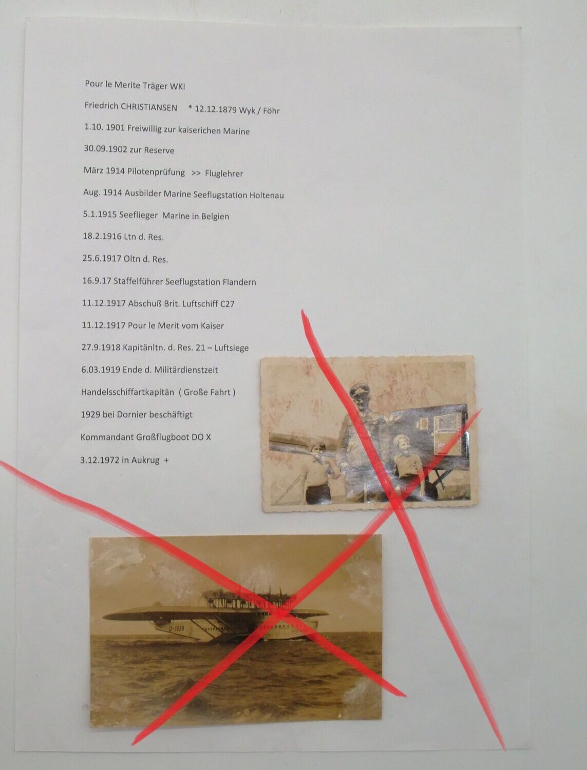 Luftwaffe: Pour le Mérite Träger Friedrich Christiansen, Seeflieger 1. Weltkrieg, Foto 40er Jahre + Foto Flugzeug, Flugboot DoX.