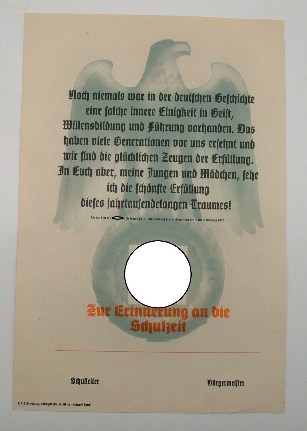 3. Reich: Schmuckurkunde "Zur Erinnerung an die Schulzeit", Zitat Adolf Hitler, blanko., Größe DIN A4.