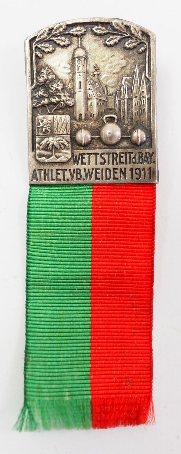 Bayern: Abzeichen "Wettstreit des Bayerischen Athleten Verbands, Weiden 1911", Hersteller Deschler & Sohn München.