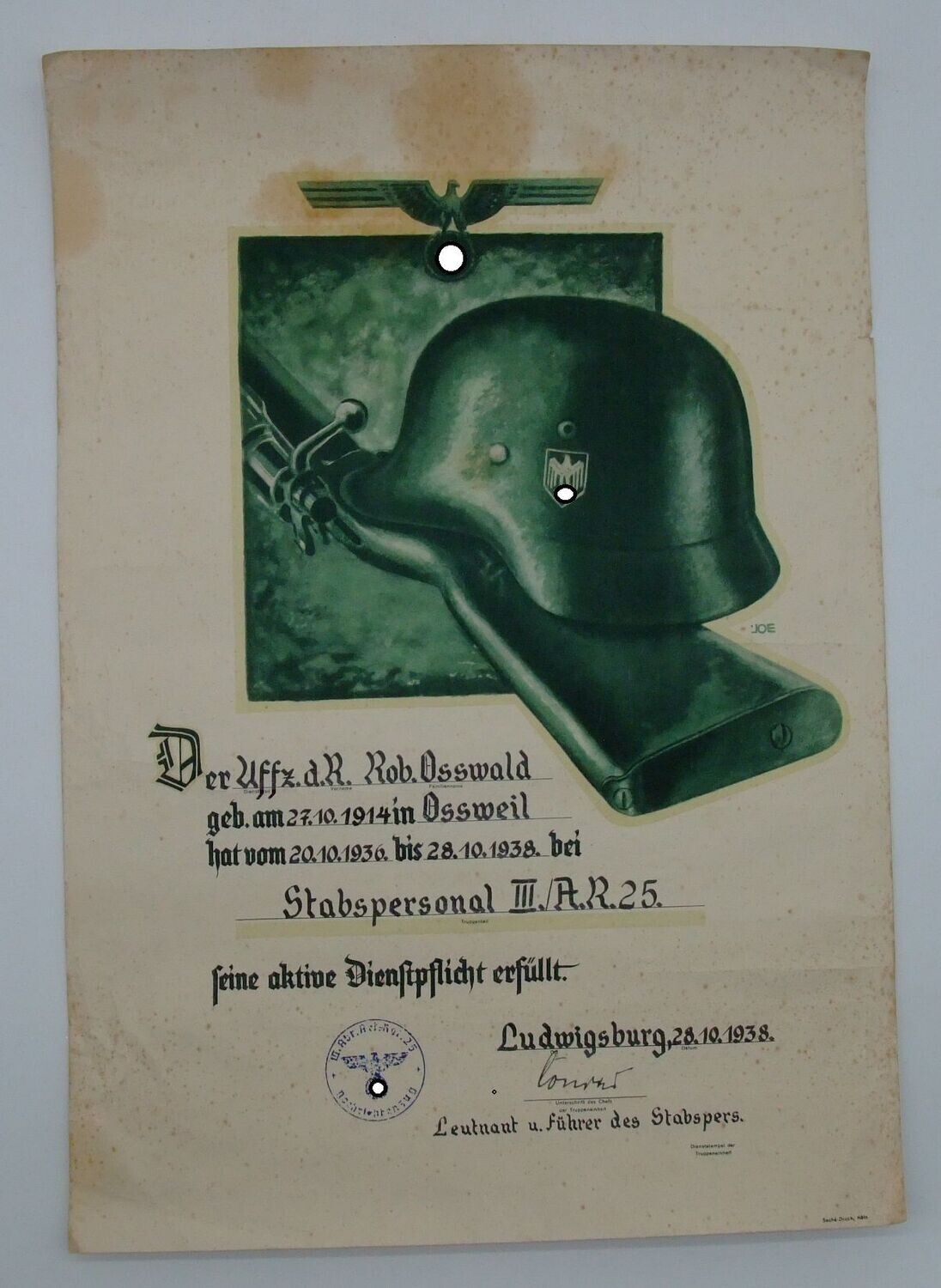 Wehrmacht: Großformatige Schmuckurkunde, Dienstzeiturkunde Artillerie-Regiment 25 Ludwigsburg 1938.