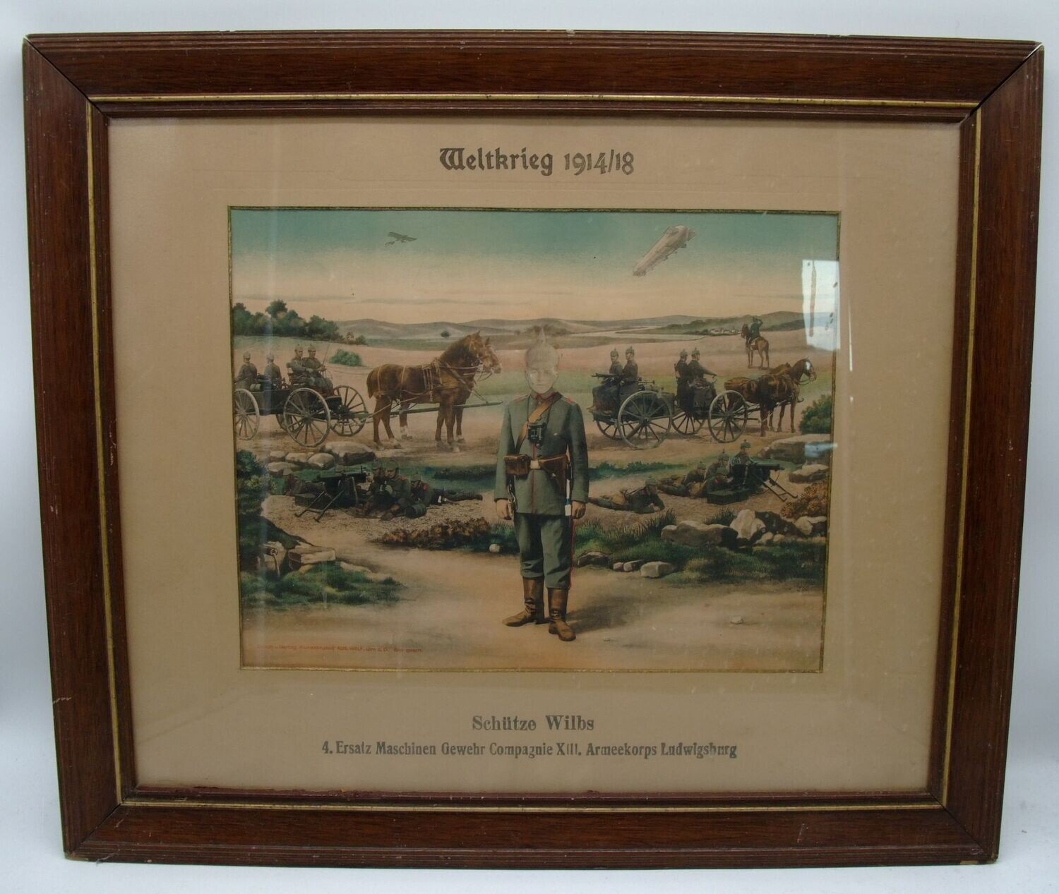 Württemberg: Reservistenbild 4. Ersatz Maschinen Gewehr Compagnie XIII. Armeekorps Ludwigsburg, Weltkrieg 1914/18, alt gerahmt unter Glas.