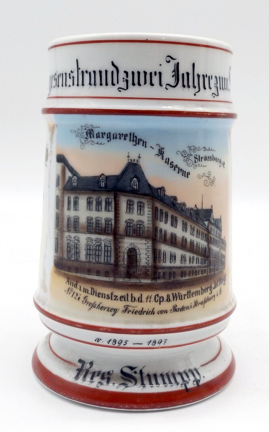 Württemberg: Reservistenkrug 11. Comp. Infanterie-Regiment Nr. 126 Großherzog Friedrich von Baden (8. Württembergisches), Straßburg 1895 - 97, Deckel fehlt, Boden ausgeschlagen.