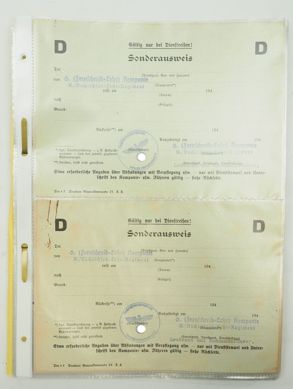 Wehrmacht: Dokumente / Vordrucke der Fernschreib-Lehr-Kompanie der Heeresnachrichtenschule Halle-Saale, 16 Dokumente.