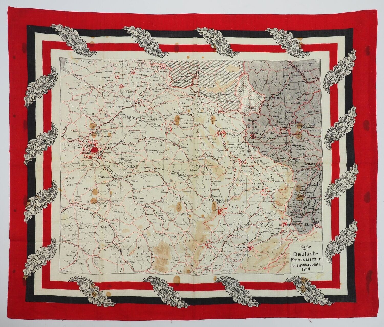 Patriotisches Tuch "Karte vom Deutsch-Französischen Kriegsschauplatz 1914", 1. Welktkrieg, 52x63cm.
