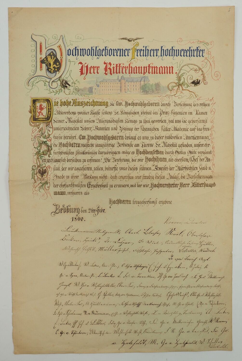 Preussen: Schmuckurkunde zum Roten Adler Orden 2. Klasse für den Ritterhauptmann der Rheinischen Ritterakademie im Schloss Bedburg 1860, gezeichnet vom Kollegium.
