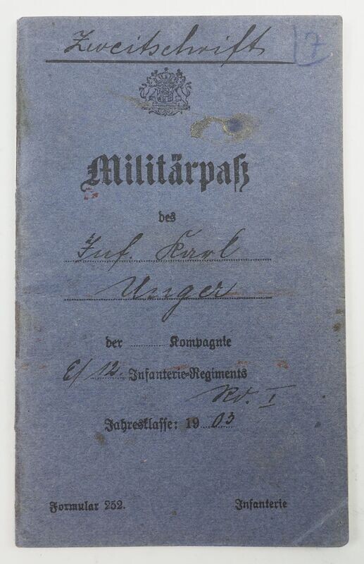 Bayern: Militärpass Kgl. Bayer. 12. Infanterie-Regiment Prinz Arnulf, Neu-Ulm / Reserve-Infanterie-Regiment Nr. 25, großer Gefechtskalender Westfront, Verdun, Namur, Mosel, Loire, Somme etc.