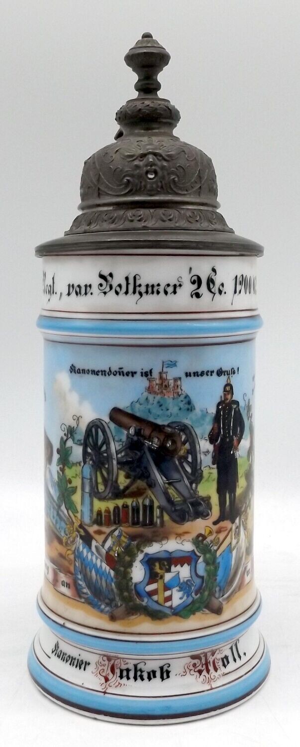 Bayern: Reservistenkrug 2. Kompanie Königlich Bayerisches 1. Fußartillerie-Regiment „vakant Bothmer“, Neu-Ulm 1900 - 02, mit Bodenbild, Boden beschädigt.
