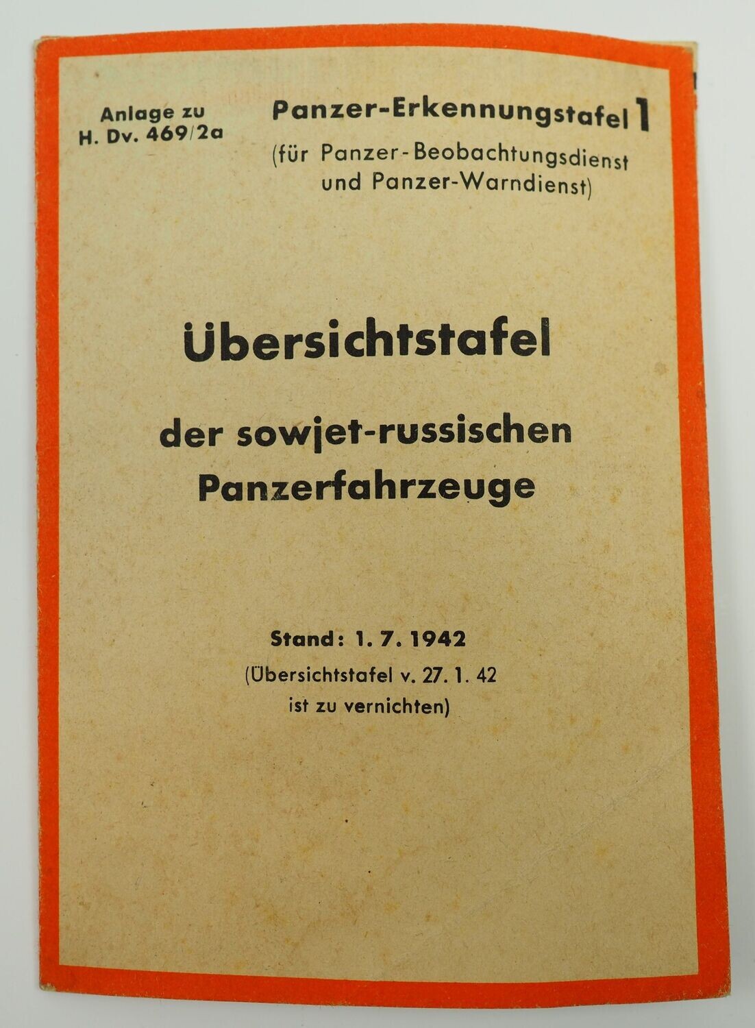 Wehrmacht: Panzer-Erkennungstafel 1, Übersichtstafel der sowjet-russischen Panzerfahrzeuge, Stand 1. 7. 1942.