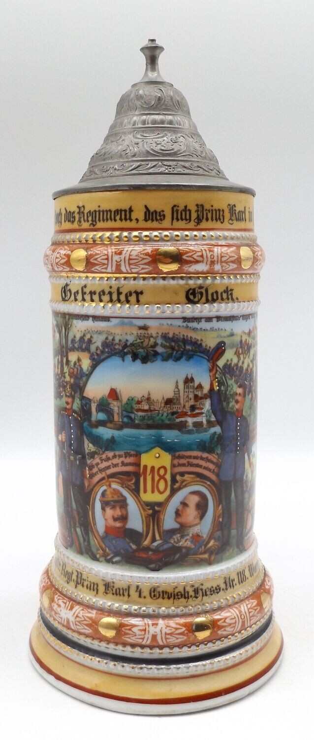 Hessen: Reservistenkrug 6. Comp. Infanterie-Regiment „Prinz Carl“ (4. Großherzoglich Hessisches) Nr. 118, Worms 1911 - 13, mit Bodenbild, Deckel repariert.