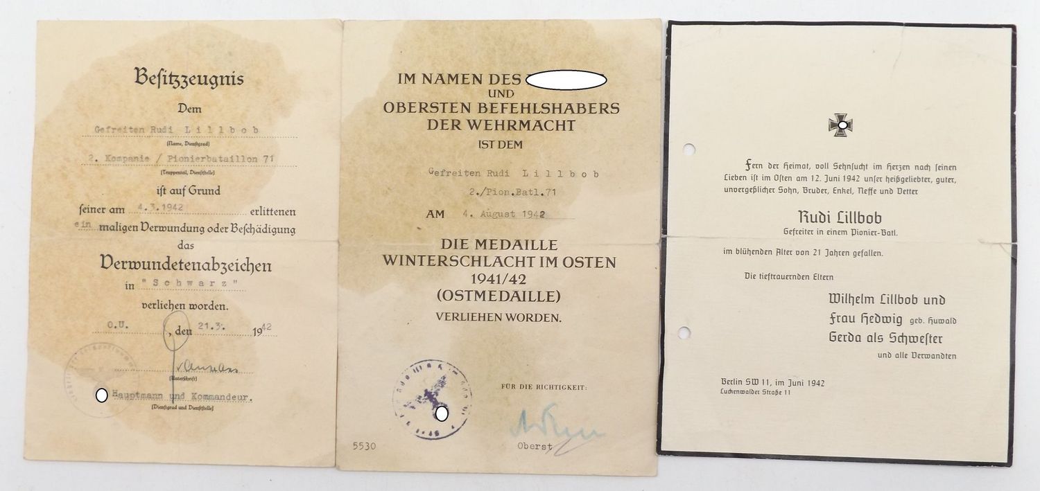 Wehrmacht: Urkundennachlass Gefreiter im Pionier-Bataillon 71, VWA Schwarz, Ostmedaille, Todesanzeige.