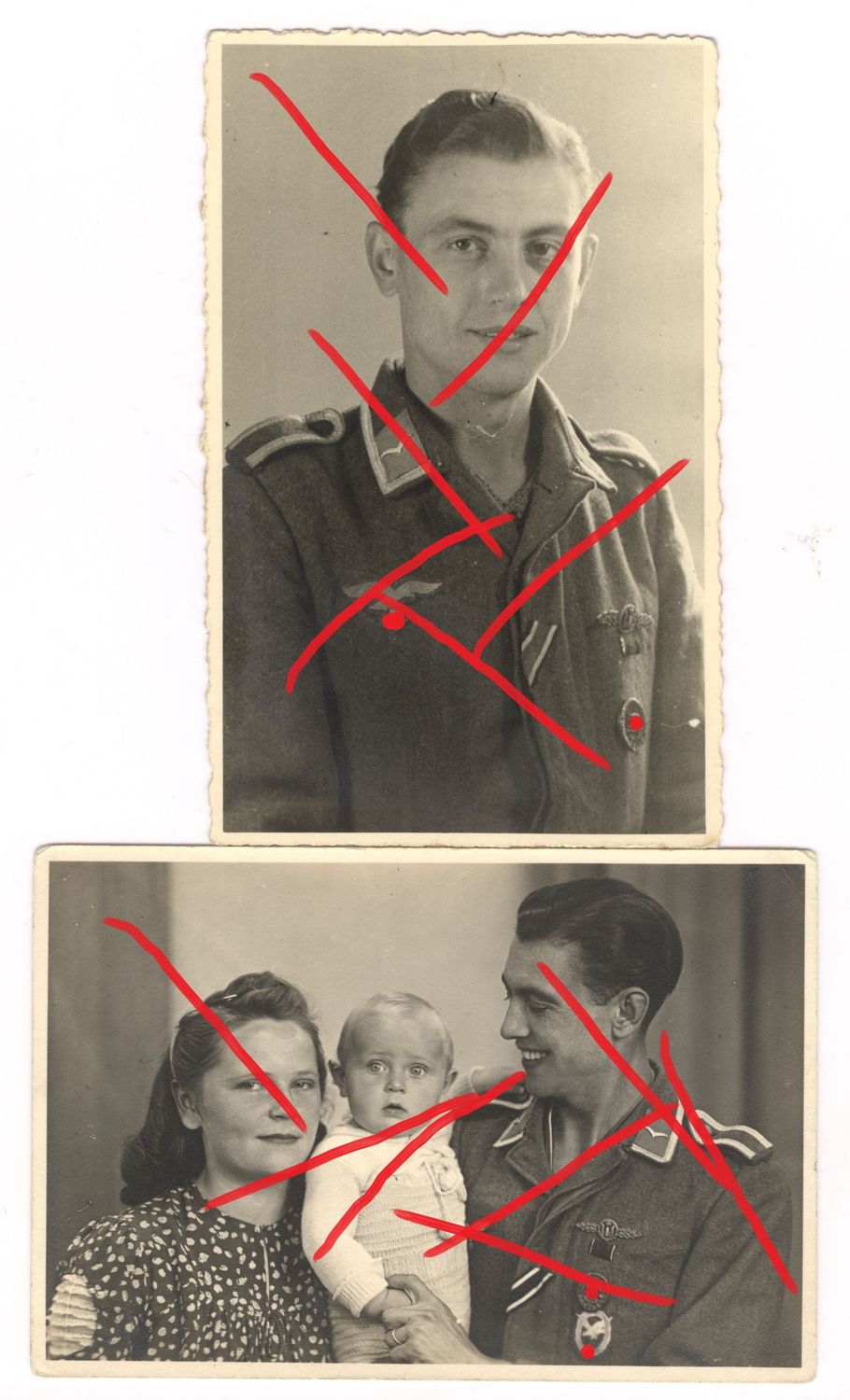 Luftwaffe: 2 Portraitfotos,  Fliegerschützenabzeichen ohne Blitzbündel, Frontflugspange für Kampfflieger etc., jeweils PK-Größe, C24.