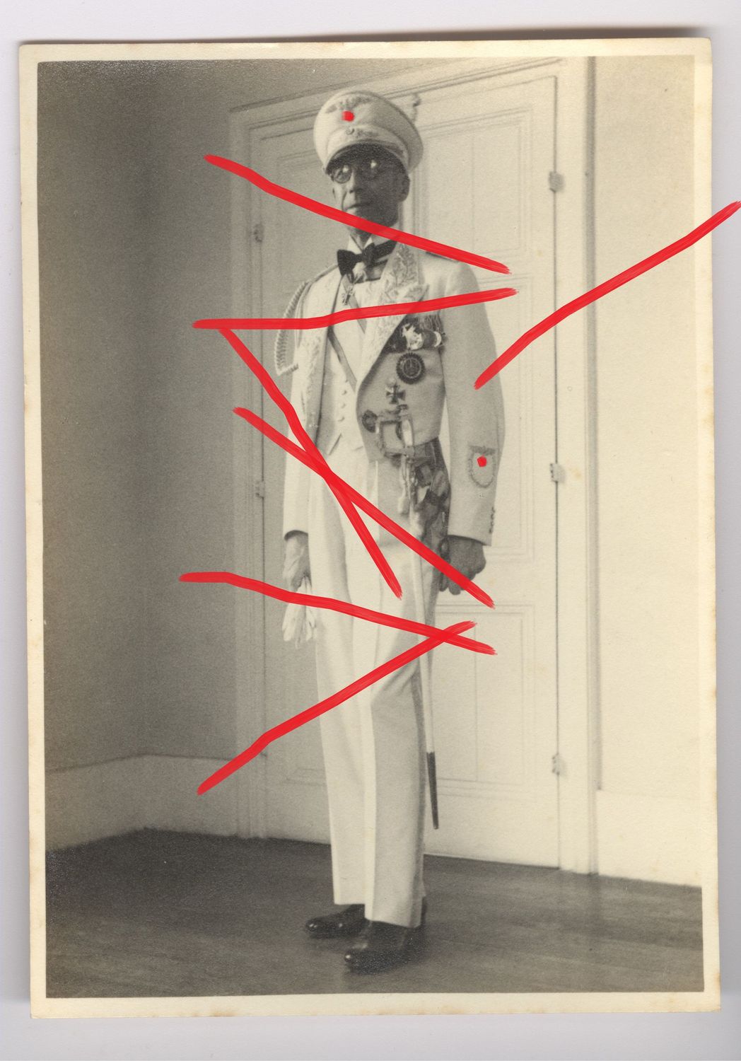 3. Reich: Portraitfoto Diplomat in weißer Galauniform, mit Degen, zahlreiche Auszeichnungen wie Siam, Halsdekoration Österreich etc., PK-Größe, C54.