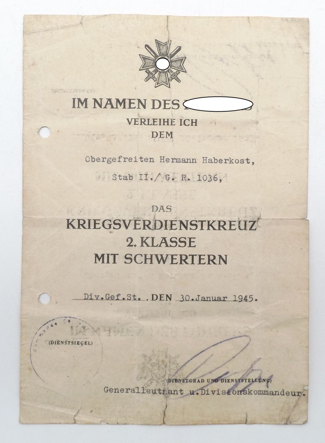 Wehrmacht: Urkunde zum KVK 2. Klasse mit Schwertern für einen Obergefreiten im Grenadier-Regiment 1036 (59. ID), OU Generalleutnant Walter Poppe (DKiG), 30. Januar 1945 Endkampf Westfront Arnheim ...