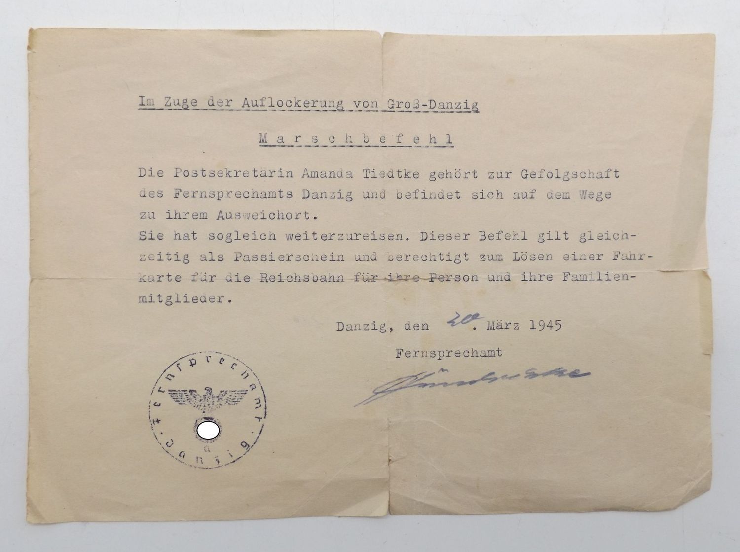 3. Reich: Marschbefehl für eine Postsekretärin des Fernsprechamts Danzig, Danzig 20. März 1945, im Zuge der Auflockerung von Groß-Danzig.