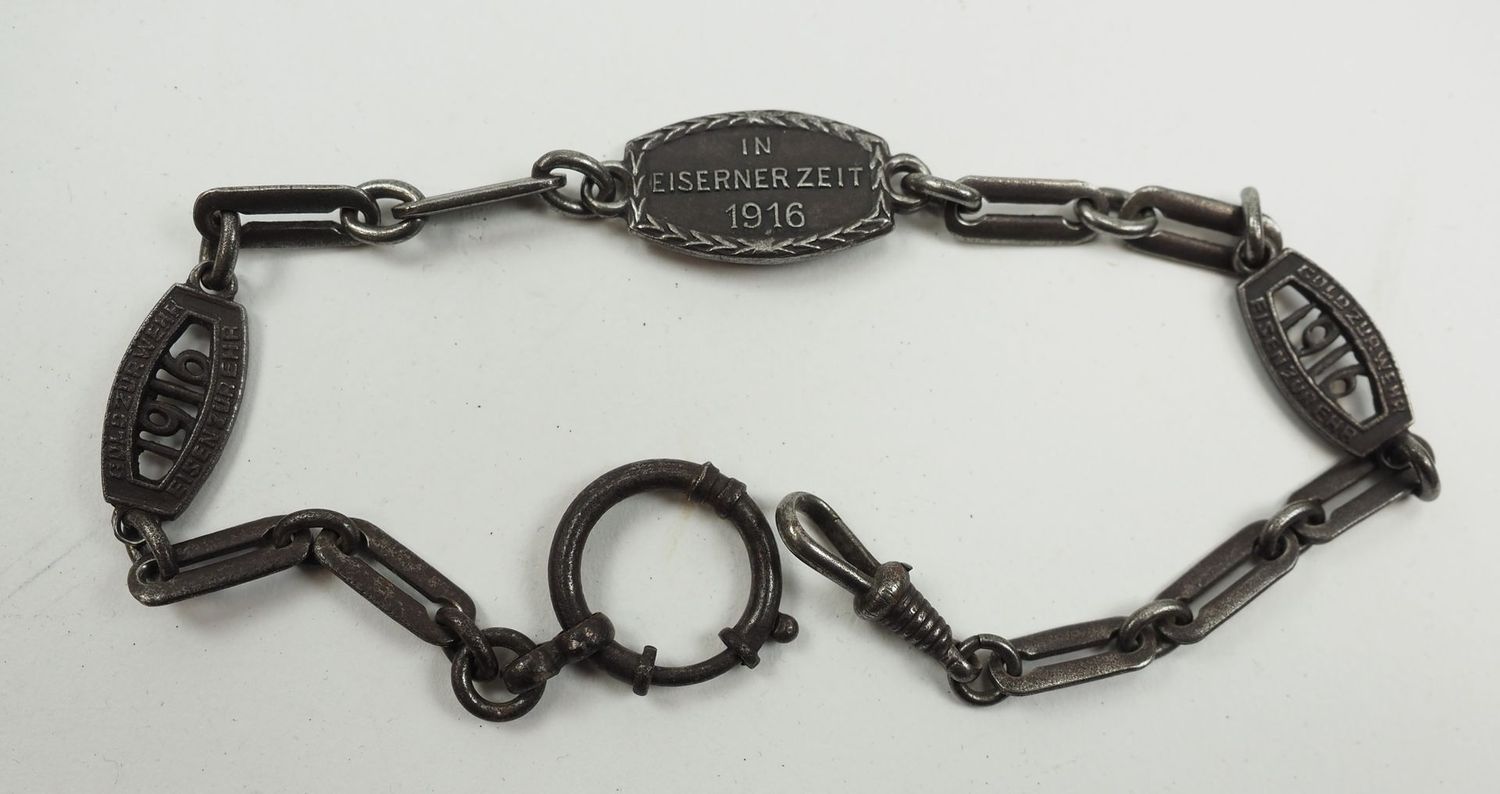 Deutsches Reich: Patriotische Uhrenkette für Taschenuhr "In Eiserner Zeit 1916 - Gold zur Wehr, Eisen zur Ehr", 1. Weltkrieg.
