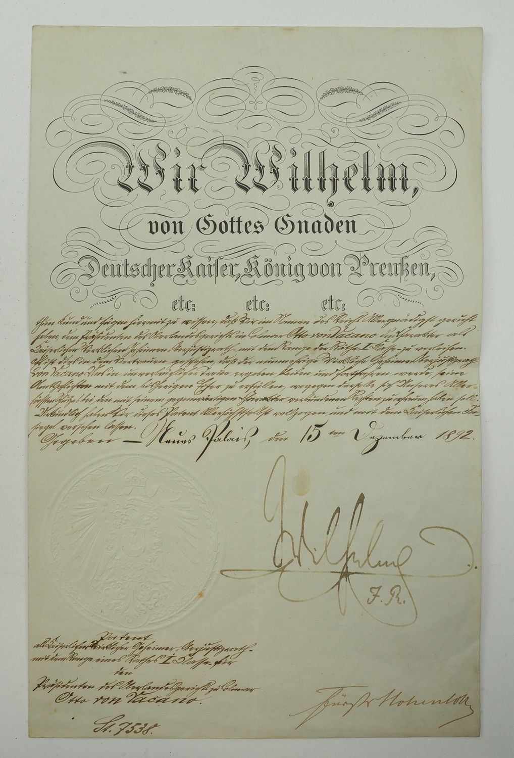Preussen: Patent für einen Oberjustizrath, mit eigenh. Autograph Kaiser Wilhelm II, Haus Palais, den 15.12.1892, Blindprägesiegel.