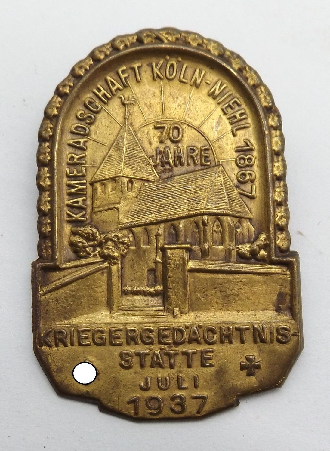3. Reich: Abzeichen der Kameradschaft Köln-Niehl 1867 zum 70-jährigen Bestehen 1937 - Kriegergedächtnisstätte Juli 1937.