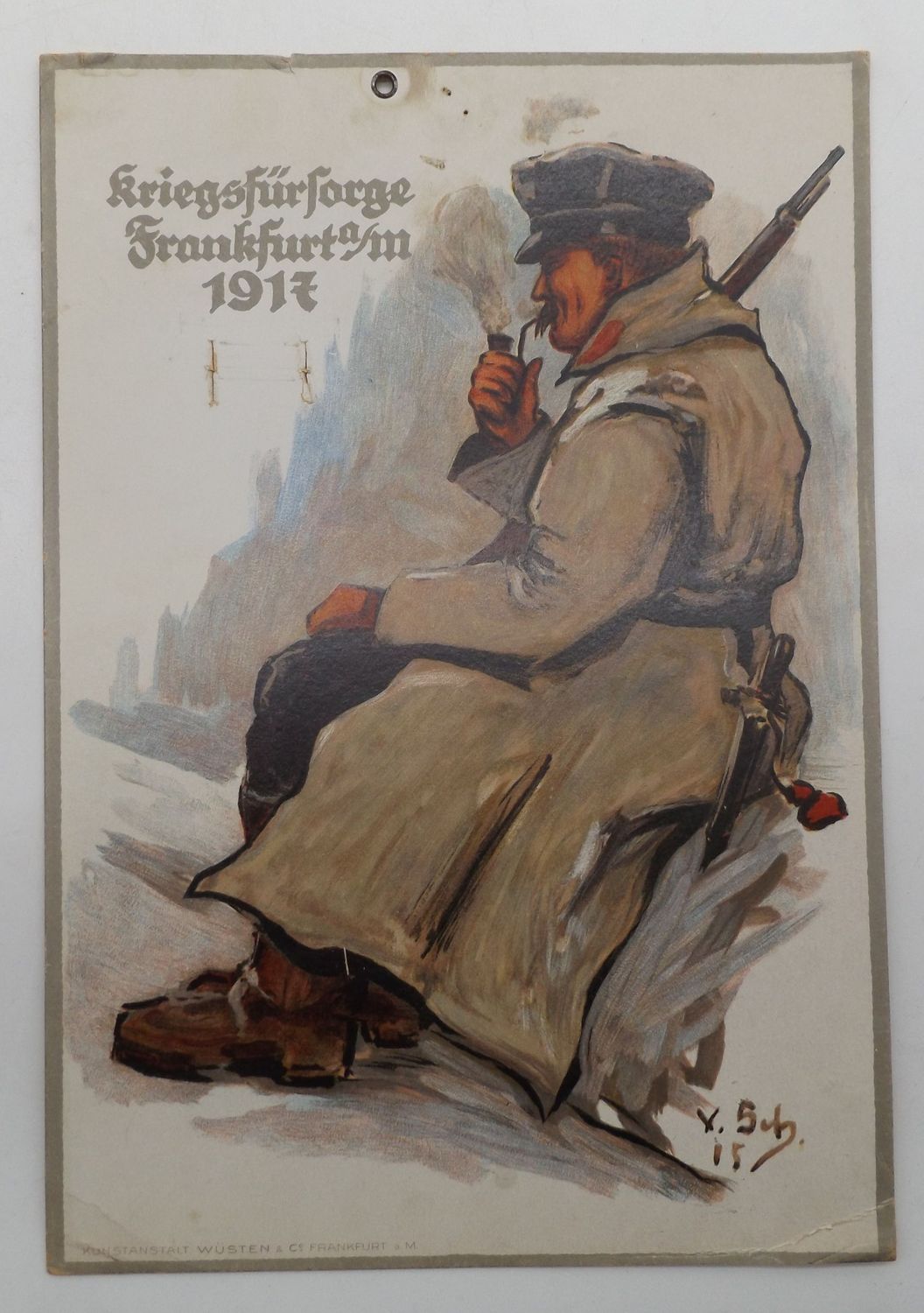 Deutsches Reich: Pappschild Kriegsfürsorge Frankfurt a/M 1917, Größe ca. 30 x 20,5 cm.