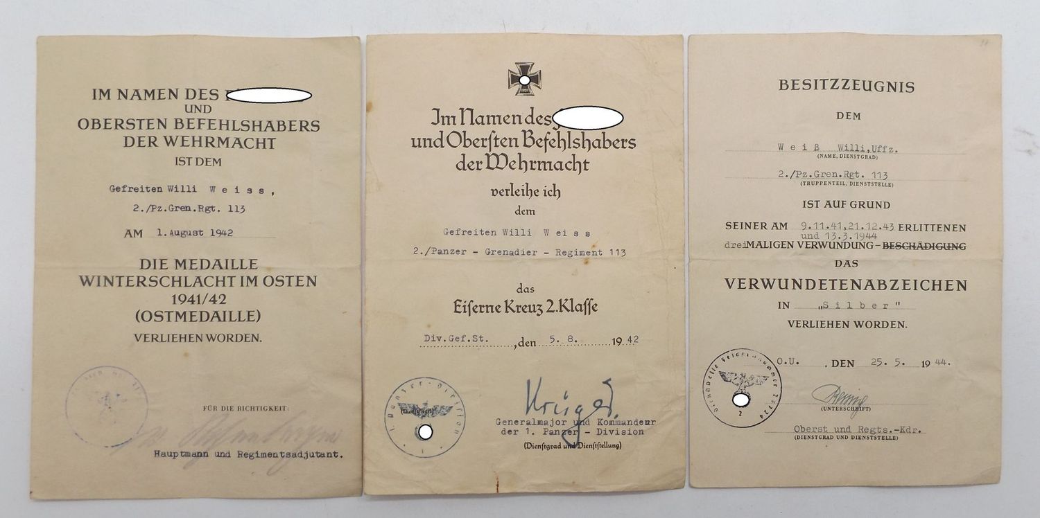 Wehrmacht: Urkundennachlass eines Unteroffiziers im Panzergrenadier-Regiment 113, Ostmedaille, OU, EK 2, OU Generalmajor Walter Krüger (RK, EL, DKiG), VWA in Silber, OU Oberst und Rgts.-Kommandeur.