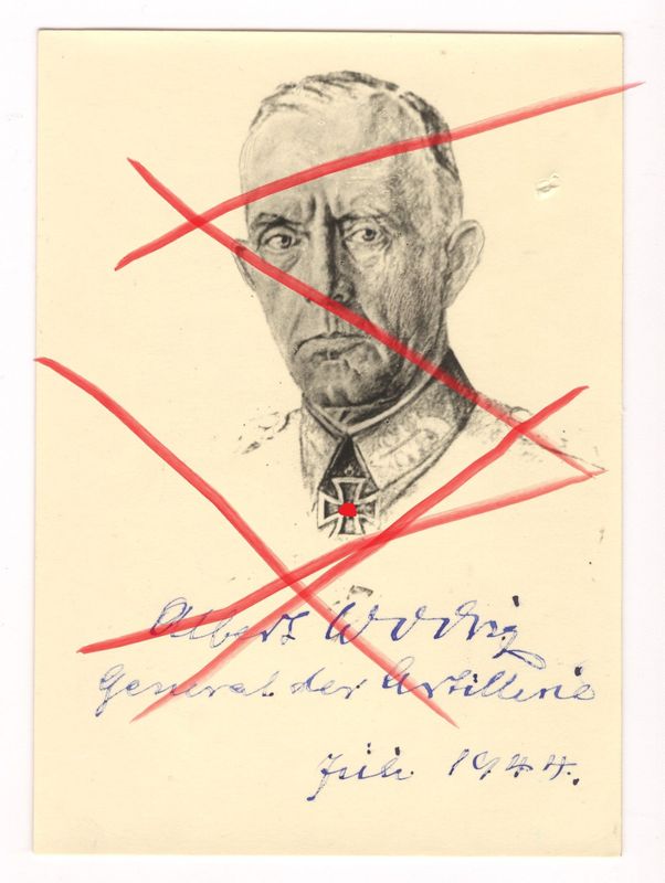 Wehrmacht: Portrait General der Artillerie Albert Wodrig, Ritterkreuz, DKiG, eigenhändige Widmung vom Juli 1944, PK-Größe, C66.
