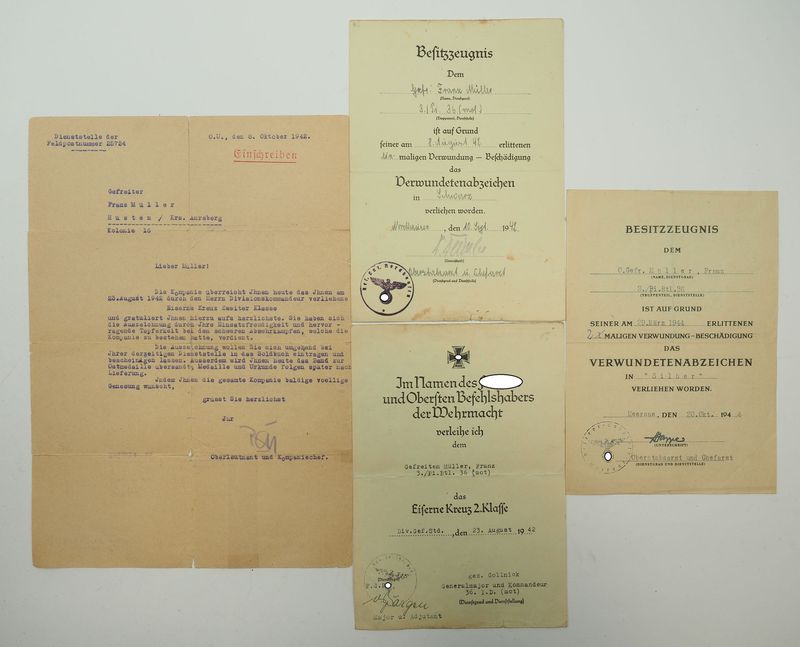 Wehrmacht: Urkundennachlass eines Obergefreiten im Pionier Bataillon 36, VWA Schwarz, OU, EK 2, OU, Übersendungsschreiben zum EK 2, VWA in Silber, OU. Wehrmacht: Urkundennachlass eines Obergefreiten im Pionier Bataillon 36, VWA Schwarz, OU, EK 2, OU, Übersendungsschreiben zum EK 2, VWA in Silber, OU.