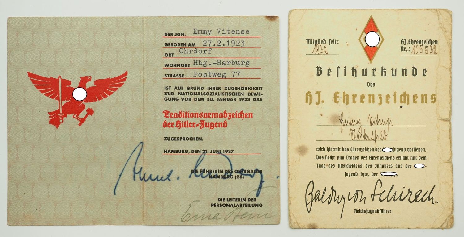 BDM: Urkundennachlass eines BDM Mädels im Obergau 26, Hamburg, Besitzurkunde für das Ehrenzeichen der HJ (Mitglied seit 1932), Urkunde zum Traditionsabzeichen der HJ.