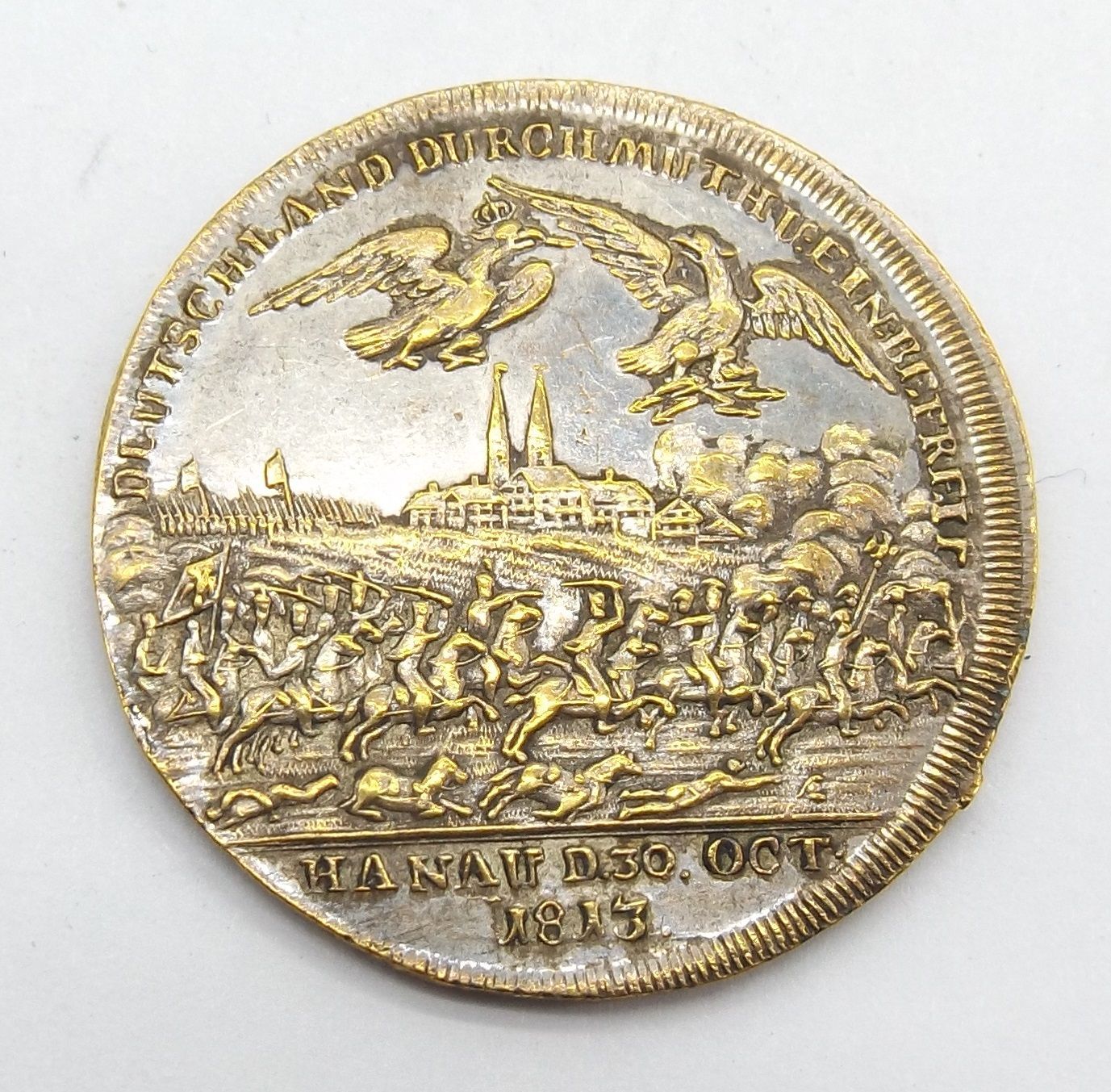 Preussen / Österreich / Russland: Versilberter Messingjeton Schlacht bei Hanau 1813, Durchmesser ca. 33 mm.