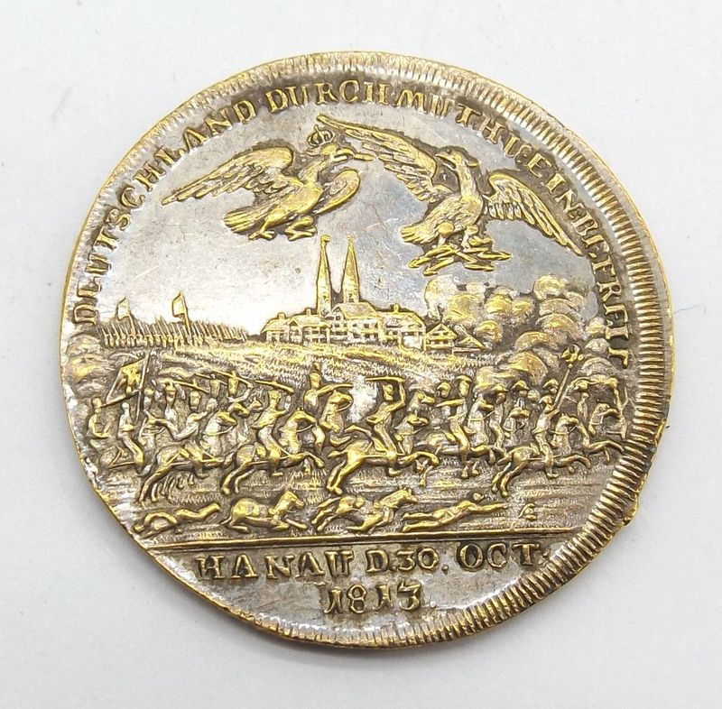 Preussen / Österreich / Russland: Versilberter Messingjeton Schlacht bei Hanau 1813, Durchmesser ca. 33 mm.