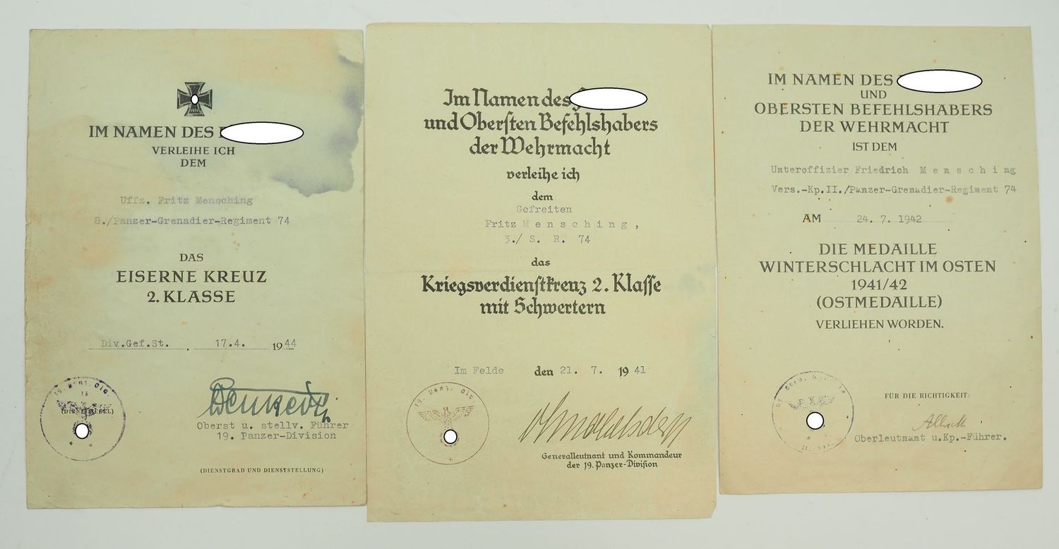 Wehrmacht: Urkundennachlass eines Unteroffiziers im Panzer-Grenadier-Regiment 74.