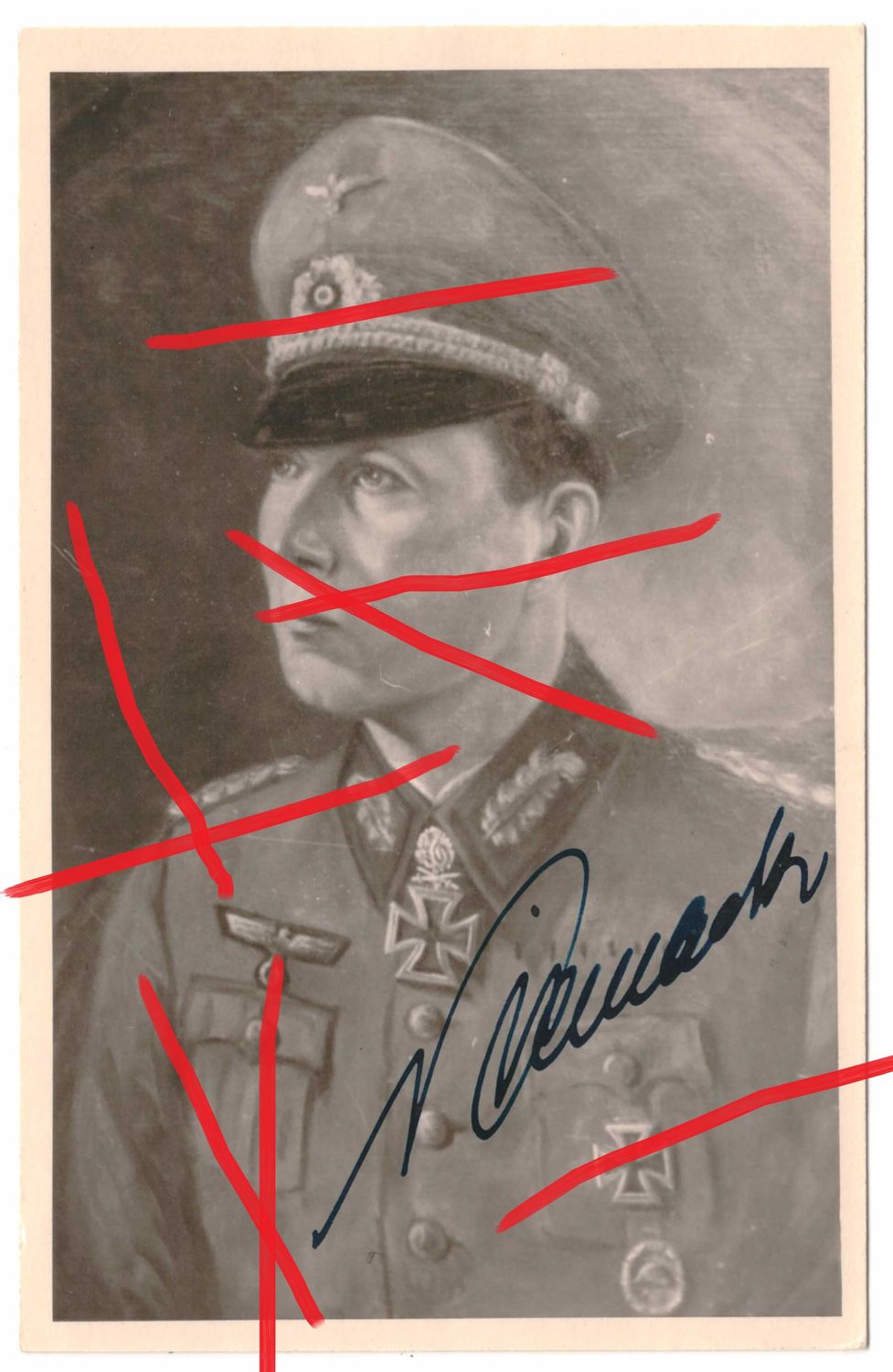 Wehrmacht: Portraitfoto Generalmajor Horst Niemac (Ritterkreuz mit Eichenlaub und Schwertern), Größe ca. 14 x 9 cm, mit originaler Signatur, Nachkriegsabzug, C79.