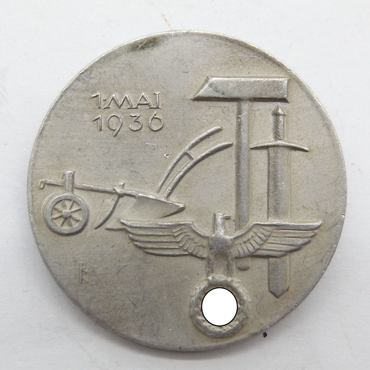 3. Reich: Treffabzeichen 1.Mai 1936, Tag der Arbeit, Hersteller Ferd. Wagner, Pforzheim.