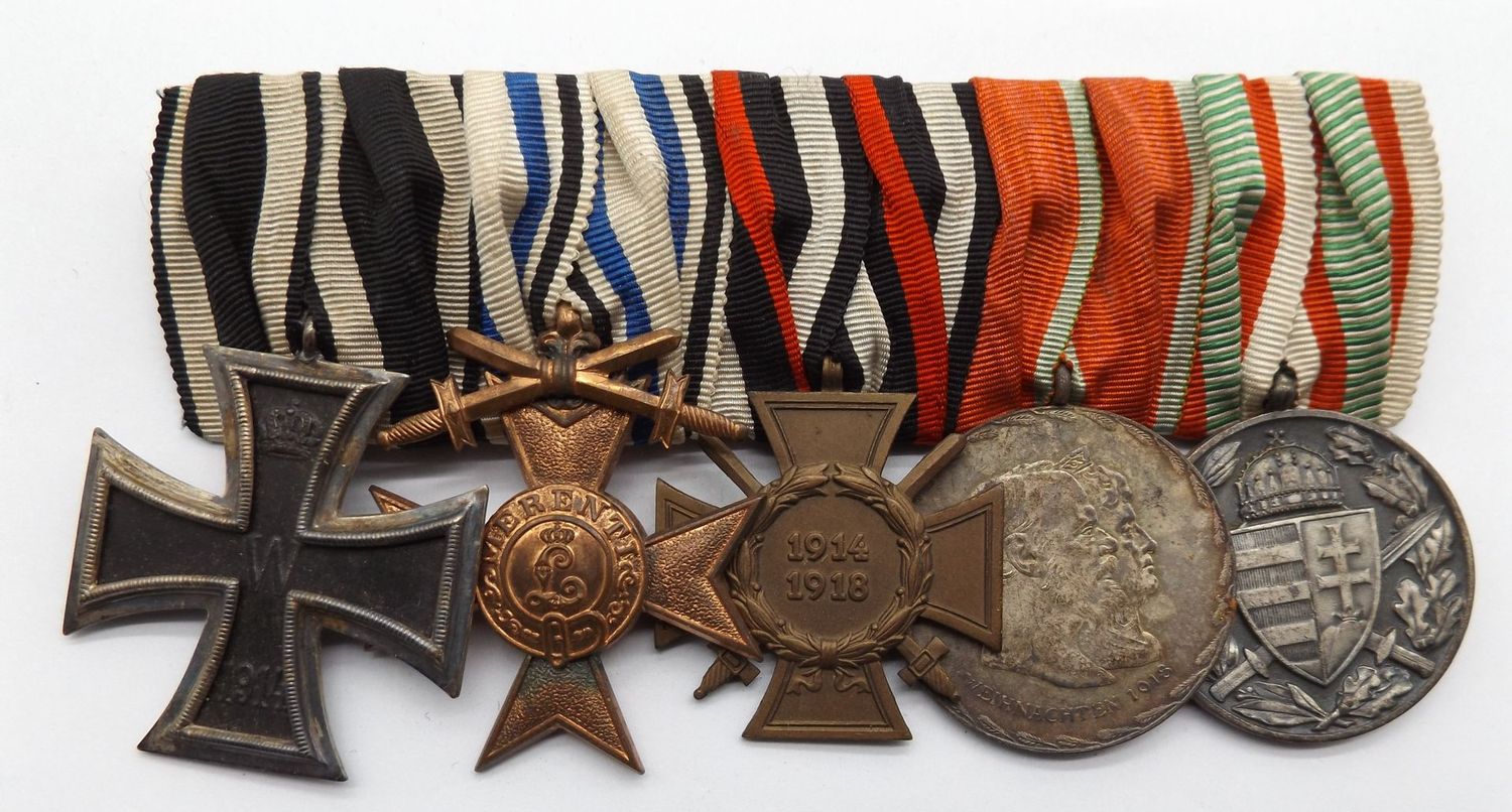 Bayern: 5-er Ordensschnalle. EK2 1914, MVK 3. Klasse, FEK, Goldene Hochzeits-Erinnerungsmünze, Ungarn Kriegserinnerungsmedaille.