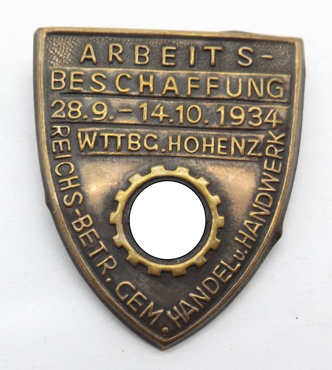 3. Reich / DAF: Abzeichen Arbeitsbeschaffung 28.9.-14.10.1934 Württemberg-Hohenzollern Reichsbetriebsgemeinschaft Handel und Handwerk.