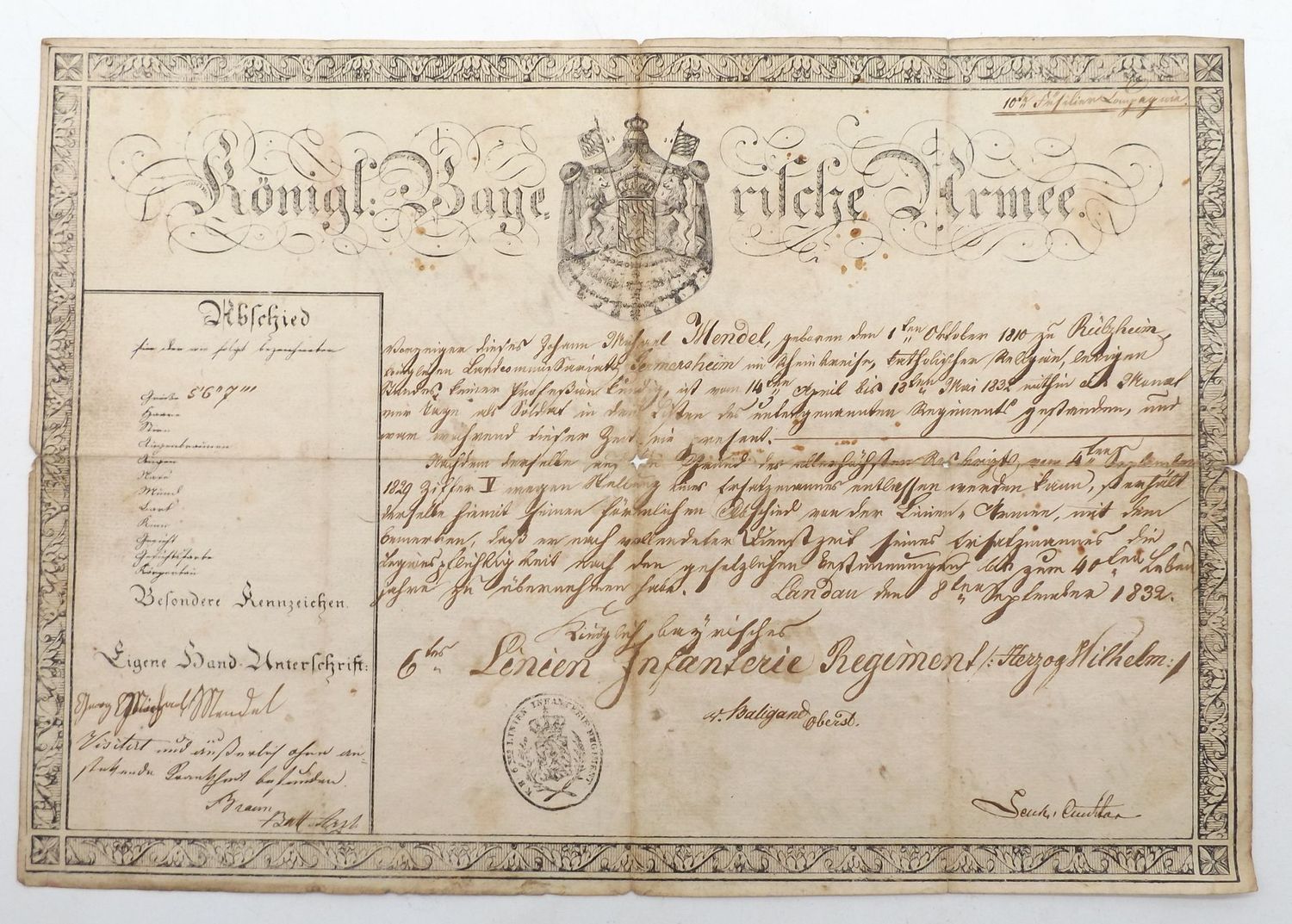 Bayern: Verabschiedungs-Urkunde Königlich Bayrisches 6tes Lienien Infanterie Regiment Herzog Wilhelm, von 1832, OU Oberst v. Baligand, ca. 27x38 cm. Bayern: Verabschiedungs-Urkunde Königlich Bayrisches 6tes Lienien Infanterie Regiment Herzog Wilhelm, von 1832, OU Oberst v. Baligand, ca. 27x38 cm.