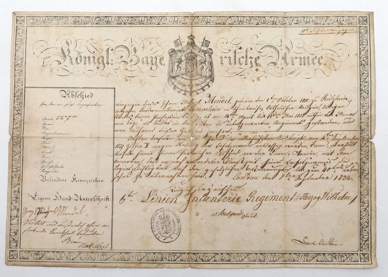 Bayern: Verabschiedungs-Urkunde Königlich Bayrisches 6tes Lienien Infanterie Regiment Herzog Wilhelm, von 1832, OU Oberst v. Baligand, ca. 27x38 cm. Bayern: Verabschiedungs-Urkunde Königlich Bayrisches 6tes Lienien Infanterie Regiment Herzog Wilhelm, von 1832, OU Oberst v. Baligand, ca. 27x38 cm.