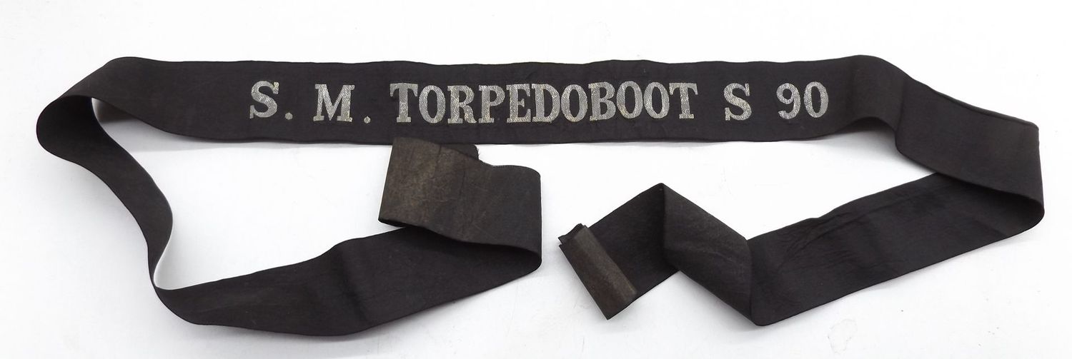 Kaiserliche Marine: Mützenband Kaiserliche Marine: Mützenband "S. M. Torpedoboot S 90", Einsatz China, Boxeraufstand, Tsingtau, Kiautschou, Länge ca. 106 cm, sehr selten!