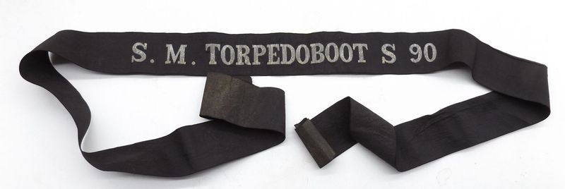 Kaiserliche Marine: Mützenband Kaiserliche Marine: Mützenband "S. M. Torpedoboot S 90", Einsatz China, Boxeraufstand, Tsingtau, Kiautschou, Länge ca. 106 cm, sehr selten!