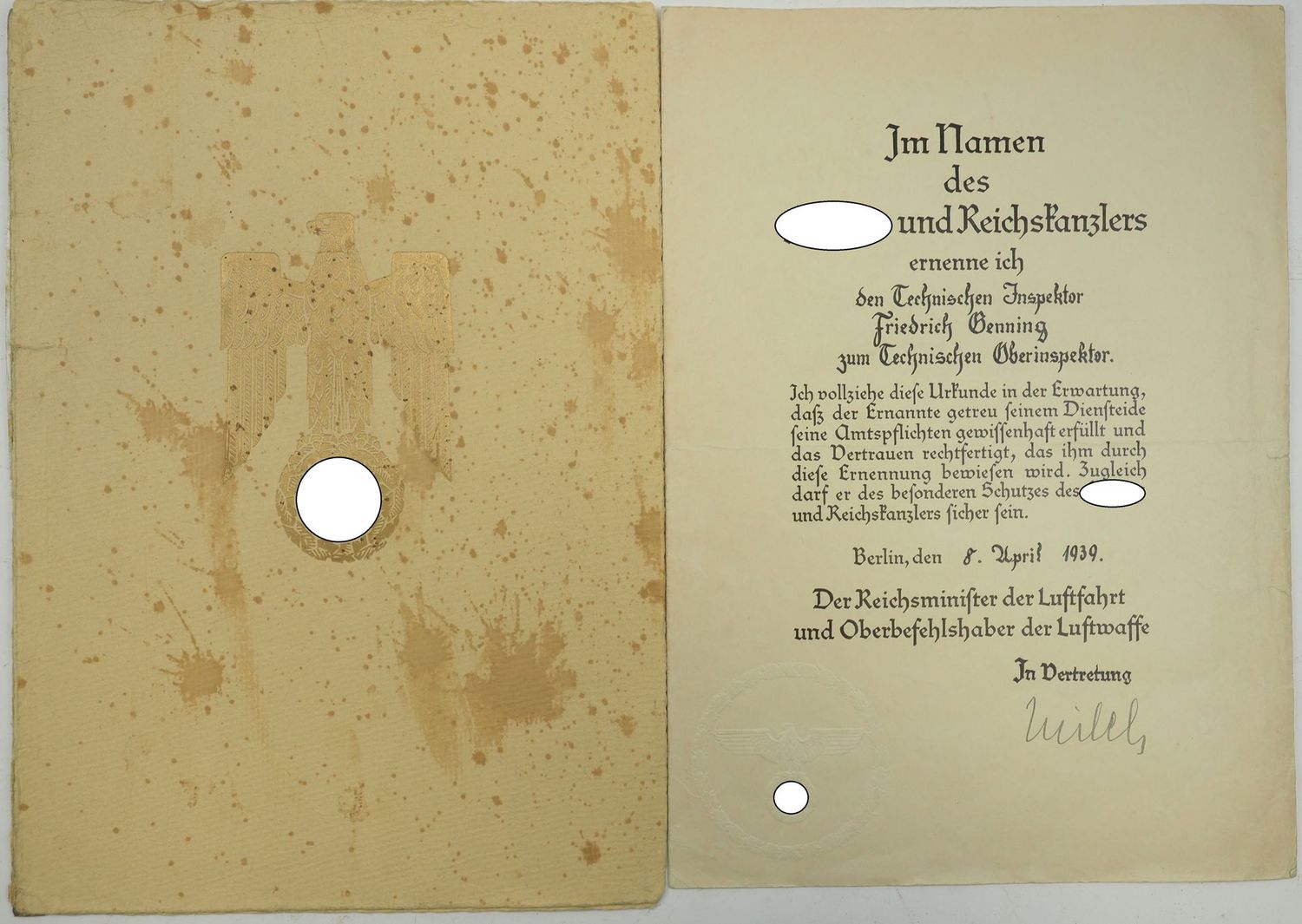 Luftwaffe: Patent zum Technischen Oberinspektor, Berlin, den 8.4.1939, eigenh. Autograph Generalfeldmarschall und Generalluftfeldzeugmeister Erhard Milch, in Mappe.