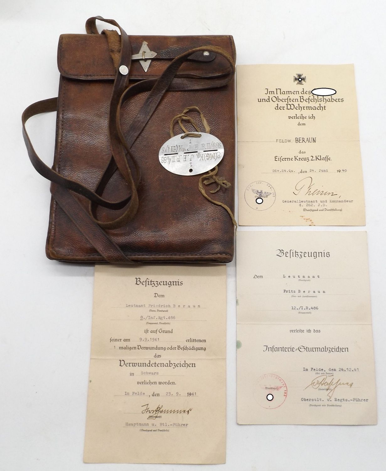 Wehrmacht: Nachlass eines Leutnants der 8. (M.G.)/ Infanterie-Regiment 486, EK2 Urkunde bereits für die Erstürmung der Maginotlinie im Frankreichfeldzug im Rahmen der 262. I.D.
