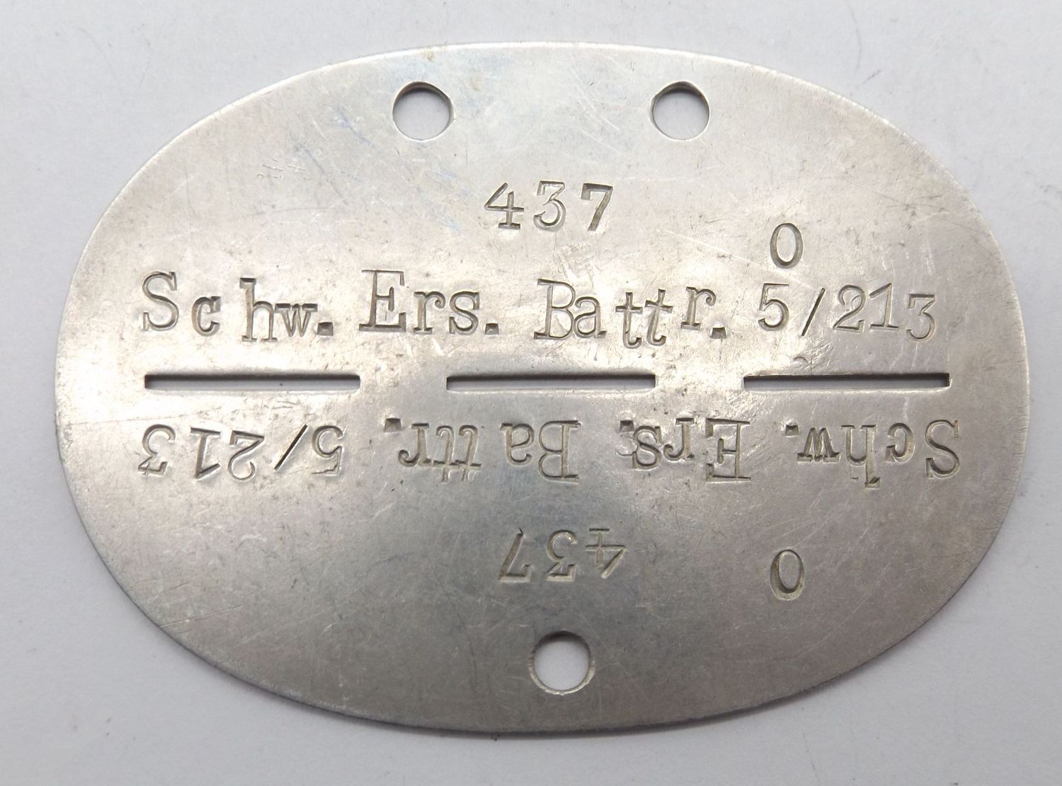 Wehrmacht: Erkennungsmarke Schw. Ers. Battr. 5/215, Heilbronn.