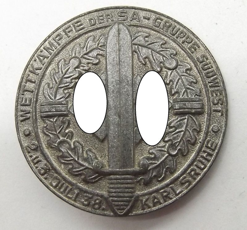 3. Reich: Abzeichen Wettkämpfe der SA-Gruppe Südwest Karlsruhe 2. u. 3 Juli 1938, Hersteller RZM M9/7, Foerster & Barth, Pforzheim. 3. Reich: Abzeichen Wettkämpfe der SA-Gruppe Südwest Karlsruhe 2. u. 3 Juli 1938, Hersteller RZM M9/7, Foerster & Barth, Pforzheim.