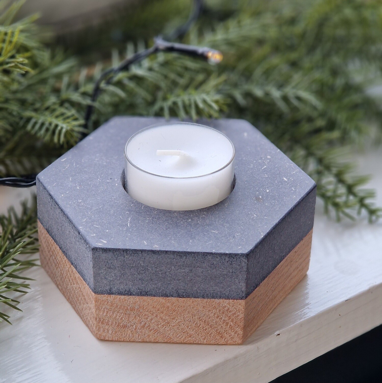 Hexagon Tea Light holder (Dark Gray and Oak 39mm)