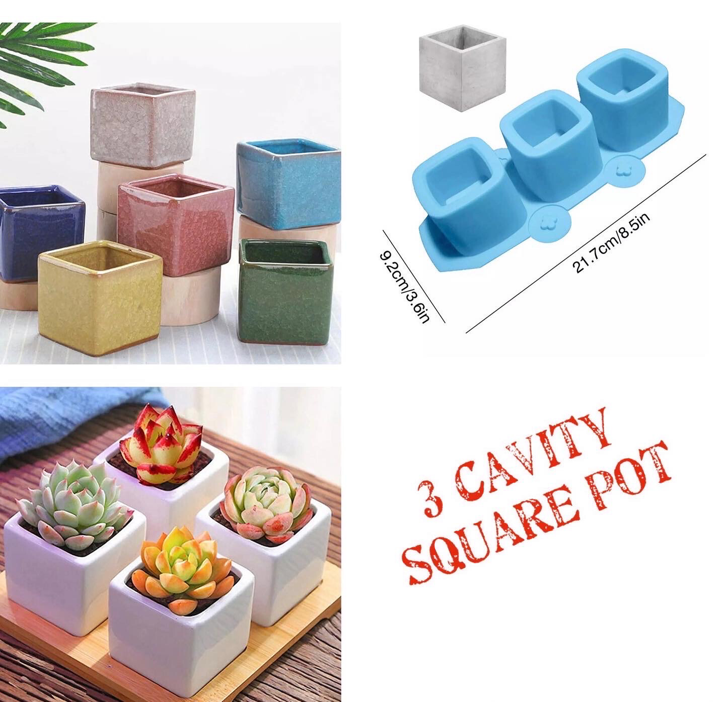 Candle And Concrete 3 Cavity Square Pot Mold