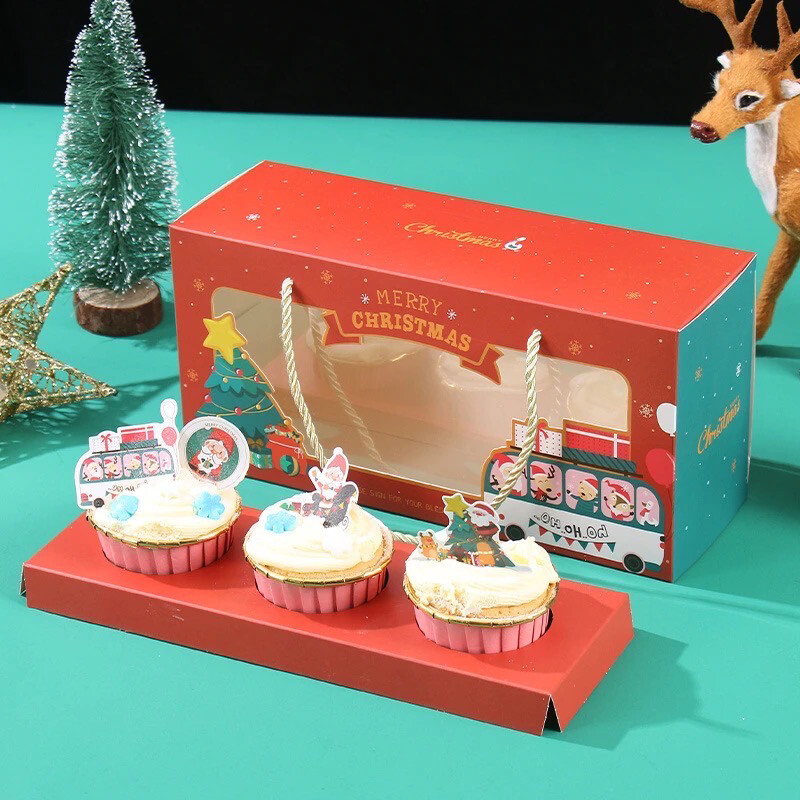 Christmas 3 Cavity Cupcake Box With Gold Handles Lot/ 10 Piece