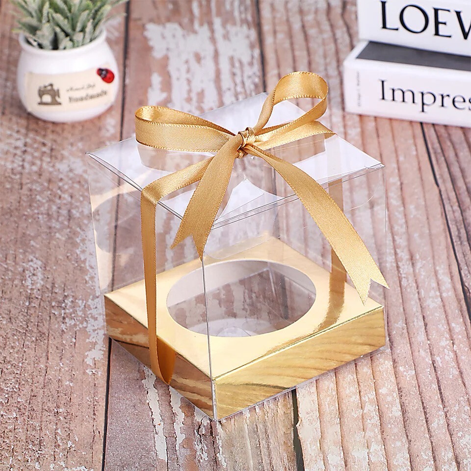 Transparent Gold single cupcake box + tray + ribbon 