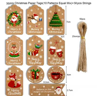 Christmas Kraft Paper Tags + Ropes Pack/50 pieces