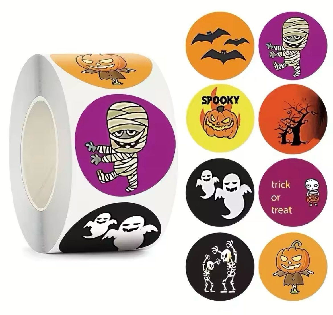 Halloween Stickers 8 Designs Roll/ 500 Stickers Size 4cm