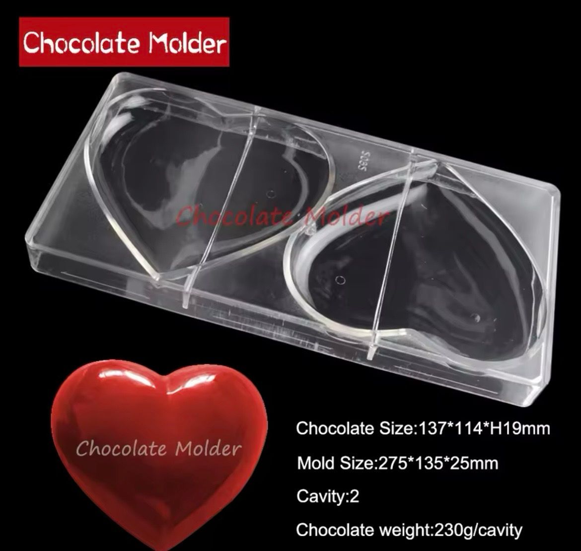 2 Cavity Heart Shape Polycarbonate Mold 