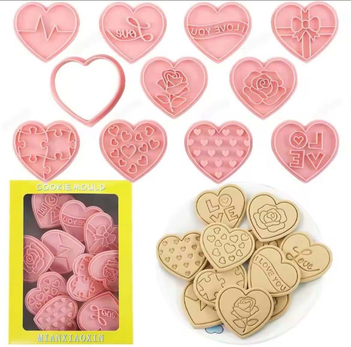 Hearts shapes stamps set of 10 pieces + Cutter 